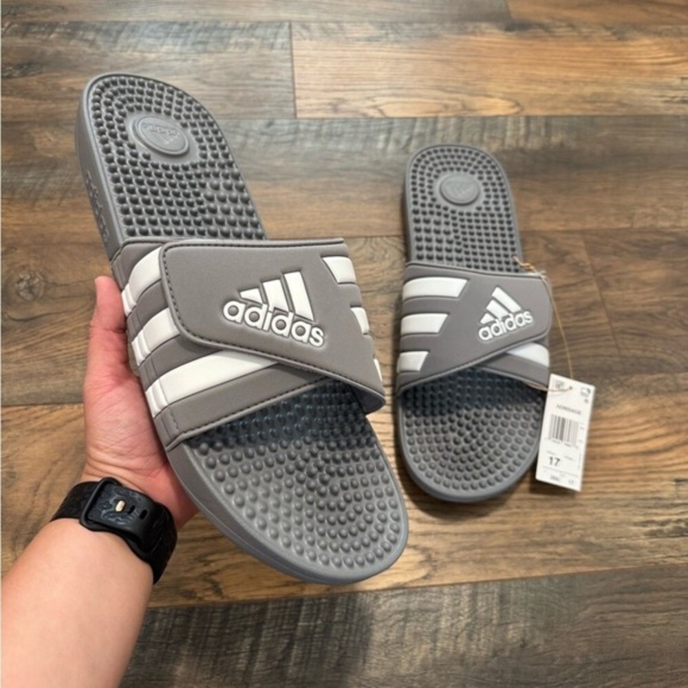 NEW Adidas Adissage Stripe‎ Gray Slip-On Sandals Rubber Slides Mens 17